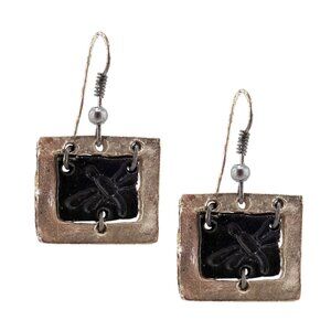 Anju Antiqued Pewter Dragonfly Shiny Pewter Border Dangle Hook Earrings - NEW